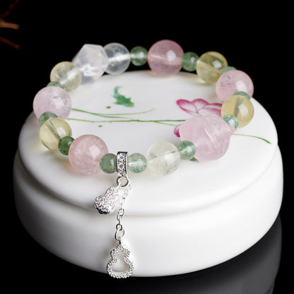 Natural Yellow Crystal Horse & Pink Crystal Gourd Tassel Bracelet | Chinese Style Women's Lucky Charm