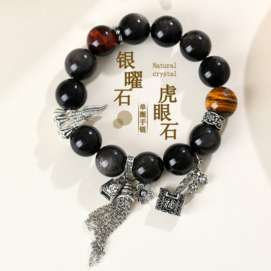 Natural Silver Obsidian Tiger Eye Bracelet - Vintage Unisex Protection Stone Jewelry