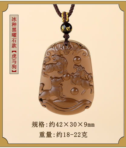 Natural Ice Obsidian Zodiac Triad Pendant Necklace｜Birth Year Protection & Harmony