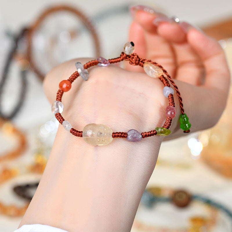 Natural Yellow Crystal Pixiu Bracelet with Crushed Gemstones | Wealth Attraction Handwoven Amulet