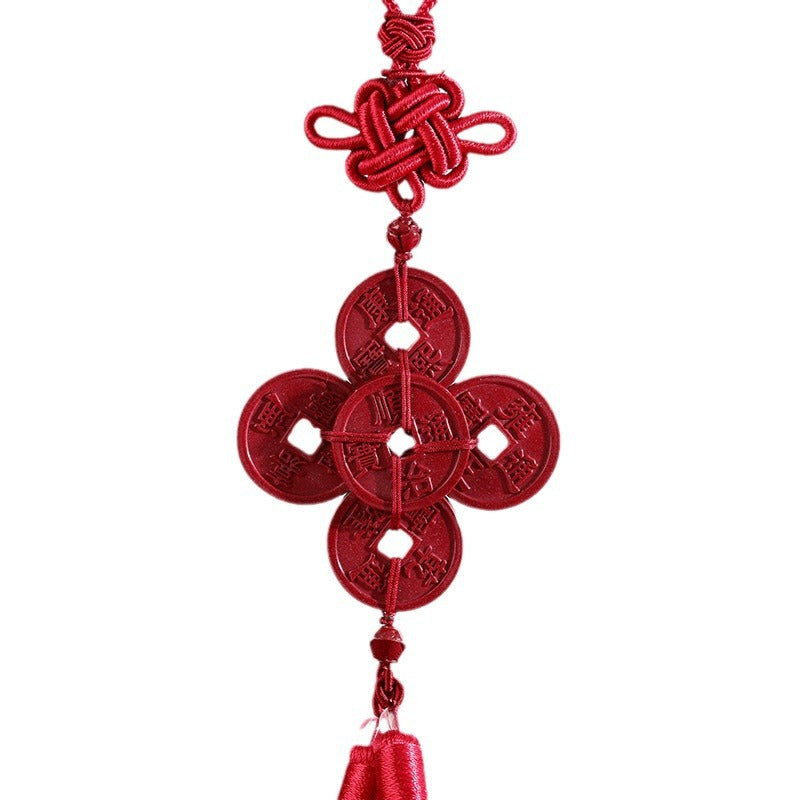 Natural High Content Cinnabar Purple Gold Sand Five Emperors Coin Car Pendant - Safe Journey Amulet