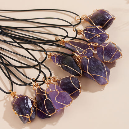 Natural Amethyst Raw Stone Pendant Necklace - Handmade Wire Wrapped Spiritual Jewelry for Protection