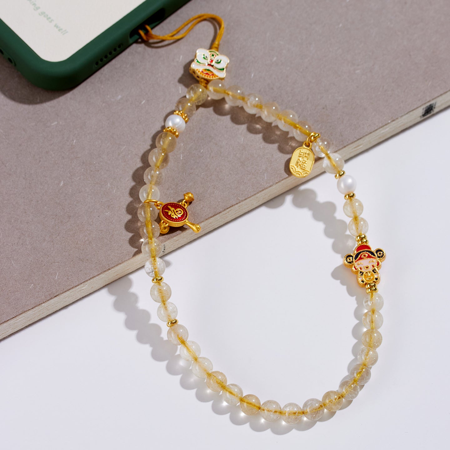 Golden Rutilated Quartz Phone Charm - Wealth Attraction & Protection Amulet