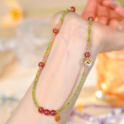 Natural Peridot Strawberry Crystal Multi-Circle Bracelet & Necklace | S925 Silver Dual-Use Women's Spiritual Jewelry