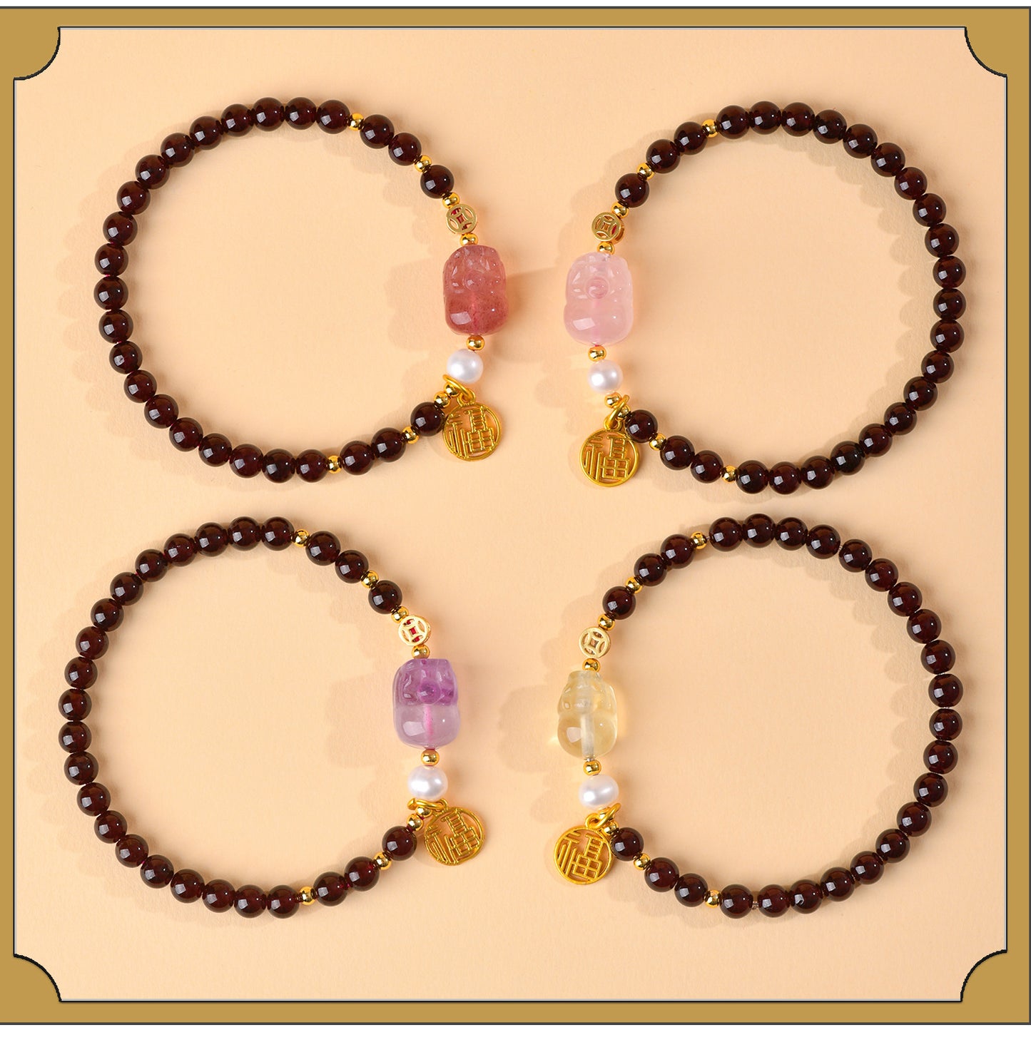 Natural Garnet Strawberry Crystal Pixiu Bracelet - Lucky Charm for Wealth and Protection