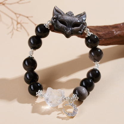 Silver Obsidian Fox Mask Bracelet with White Crystal Lion Awakening - Chinese Style Women's Spiritual Jewelry