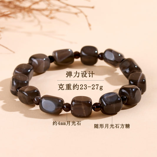 Natural Gray Moonstone Sugar Cube Bracelet | Mystical Protection & Feminine Elegance