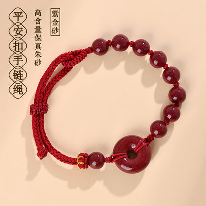 Natural Purple Gold Cinnabar Peace Buckle Bracelet - Hand-woven Zodiac Red Rope for Protection