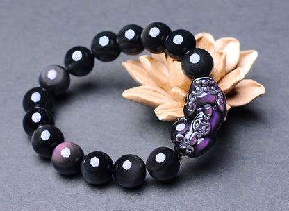 Black Natural Obsidian Stone Beaded Bracelets Fengshui Rainbow Pixiu Wristband Crystal Bracelet For Men Women Jewelry
