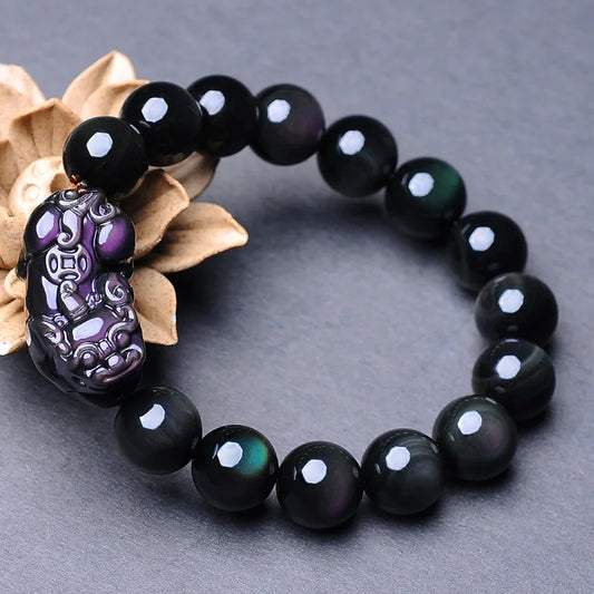 Black Natural Obsidian Stone Beaded Bracelets Fengshui Rainbow Pixiu Wristband Crystal Bracelet For Men Women Jewelry