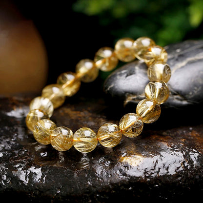 Rutilated Quartz Golden-Needle Round Bead Bracelet