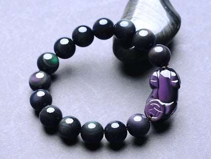 Black Natural Obsidian Stone Beaded Bracelets Fengshui Rainbow Pixiu Wristband Crystal Bracelet For Men Women Jewelry