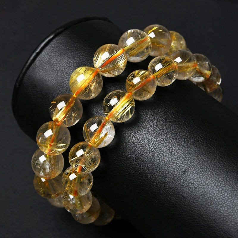 Rutilated Quartz Golden-Needle Round Bead Bracelet