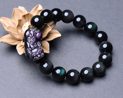 Black Natural Obsidian Stone Beaded Bracelets Fengshui Rainbow Pixiu Wristband Crystal Bracelet For Men Women Jewelry