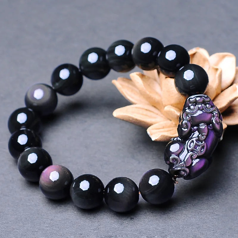 Black Natural Obsidian Stone Beaded Bracelets Fengshui Rainbow Pixiu Wristband Crystal Bracelet For Men Women Jewelry