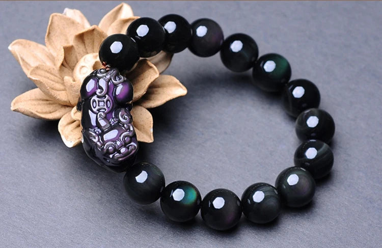 Black Natural Obsidian Stone Beaded Bracelets Fengshui Rainbow Pixiu Wristband Crystal Bracelet For Men Women Jewelry