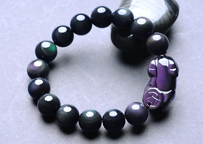 Black Natural Obsidian Stone Beaded Bracelets Fengshui Rainbow Pixiu Wristband Crystal Bracelet For Men Women Jewelry