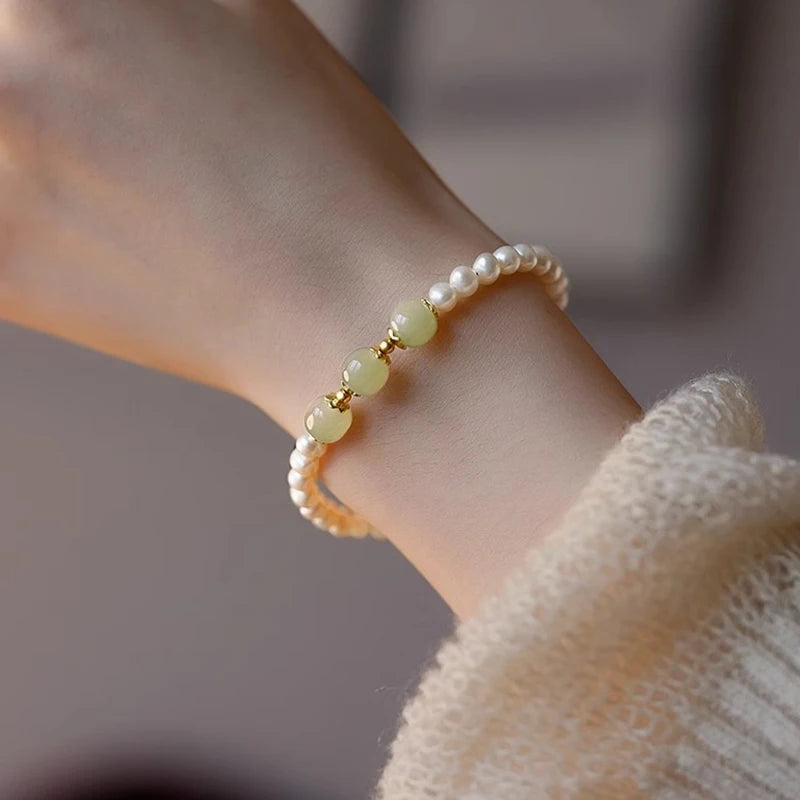 Hotan Jade & Pearl 925 Silver Stretch Bracelet - Light Luxury Gift