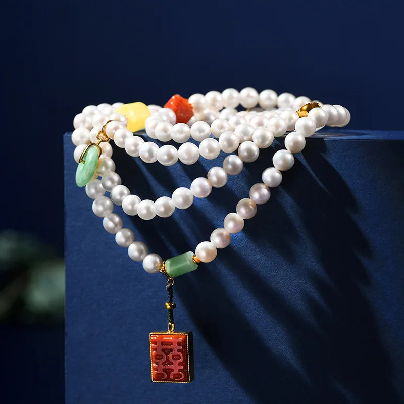 108-Bead Four-Circle Buddhist Bracelet with Freshwater Pearls