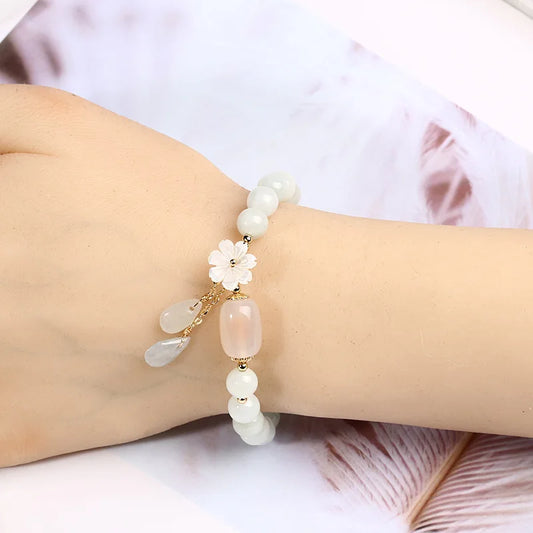 Water Drop Shell Flower Pendant Bracelet Woman Natural Jade Emerald Agate Beads Bracelet Adjustable Bangle Charm Jewelry