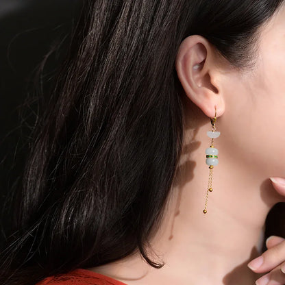 Hetian White Jade Tassel Earrings — Retro Feng Shui Elegance