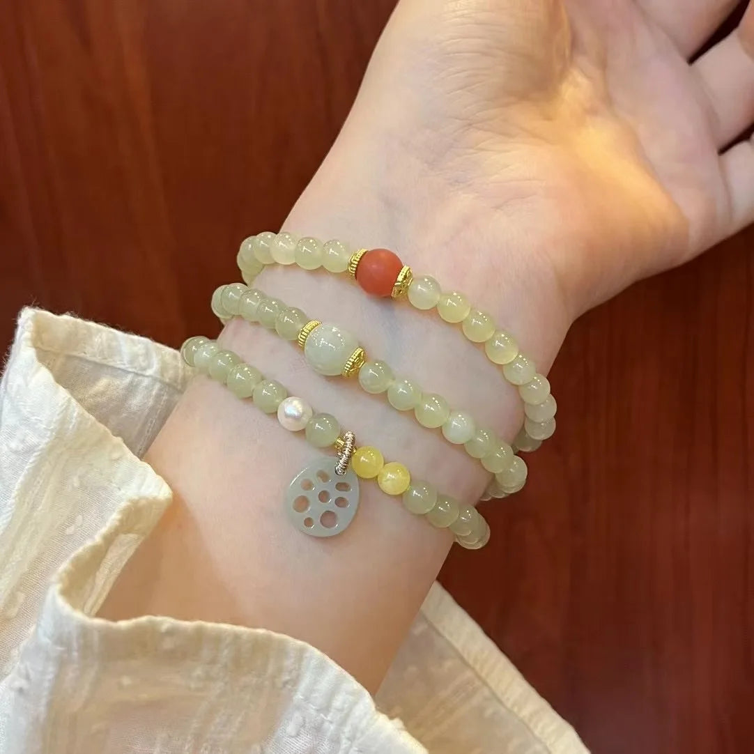 Hetian Jade Multi-Row Bracelet – Agate Lotus Pendant