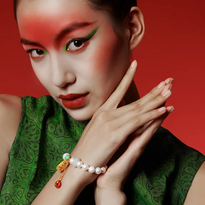 Hetian Jade & Freshwater Pearl Retractable Bracelet — Handmade Charm