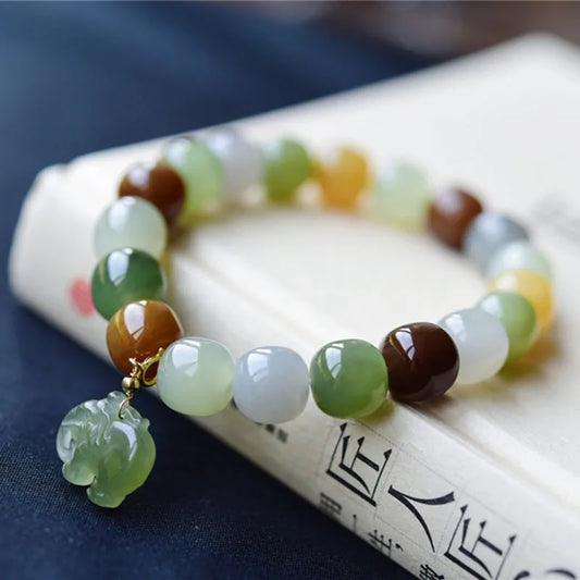 Hetian Jade 9×10mm Multicolor Bracelet｜Unisex Feng Shui Talisman