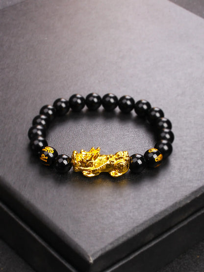 Gold Color Pi Xiu Bracelets Women Feng Shui Obsidian Wealth Pi Yao Bracelets Men 10m Dragon Mantra Bead Bangle Lucky Jewelry New