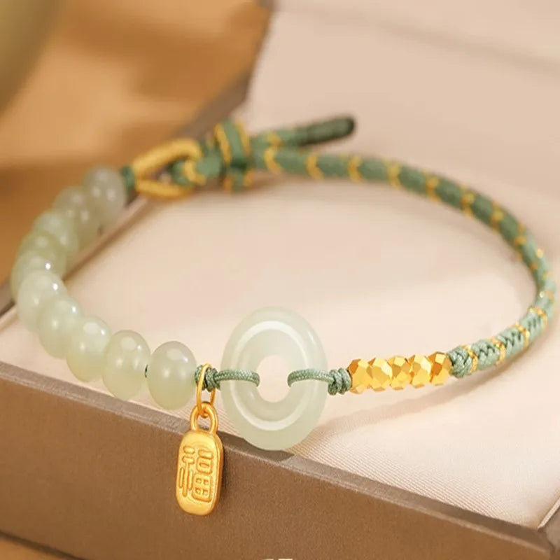 Natural Hetian Jade Lucky Buckle Braided Bracelet for Women