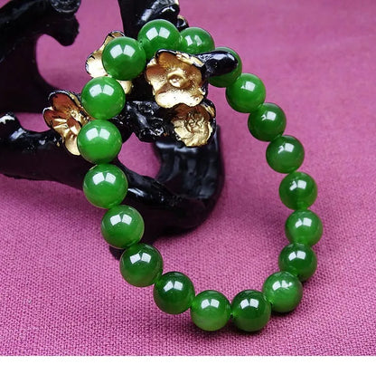 Natural Green Jadeite Round Bead Bracelet with Hand Charm ｜ Adjustable Unisex Lucky Bangle