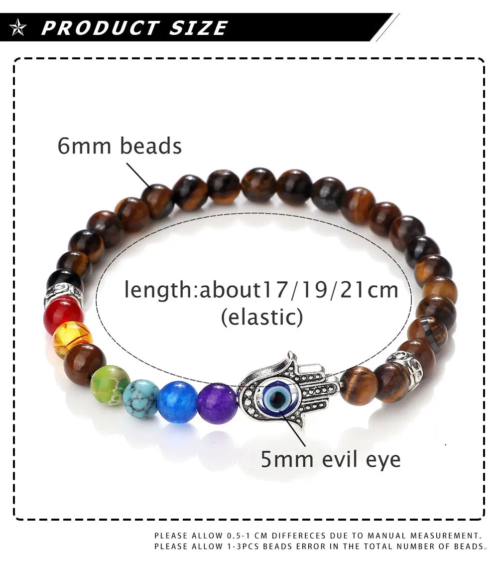 6mm天然石七脉轮弹力手链｜掌形邪眼护符 男女通用