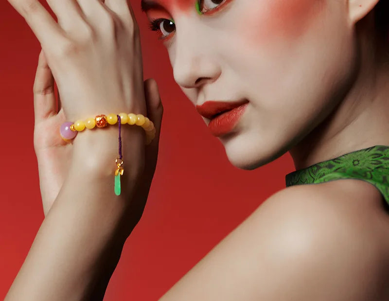 8mm Amber Hetian Jade Bell Bracelet｜Feng Shui Elegance