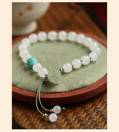 White Hetian Jade Lotus Beaded Bracelet — Handmade Feng Shui Crystal