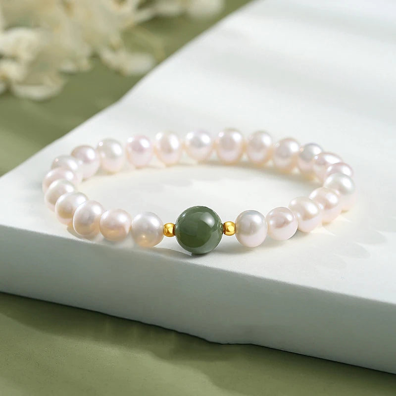 Hetian (Hotan) Jade 10mm & Freshwater Pearl Bracelet — Retro Feng Shui Charm