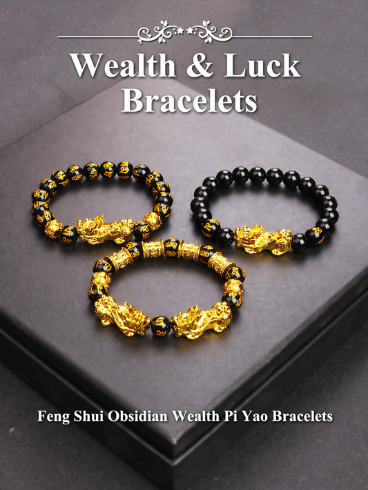Gold Color Pi Xiu Bracelets Women Feng Shui Obsidian Wealth Pi Yao Bracelets Men 10m Dragon Mantra Bead Bangle Lucky Jewelry New