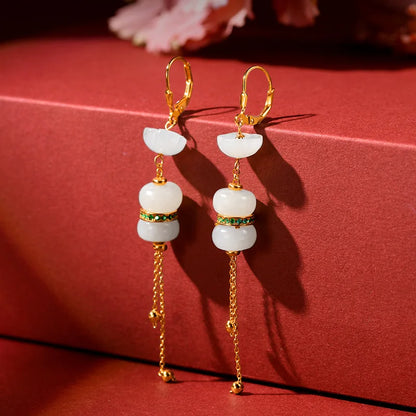 Hetian White Jade Tassel Earrings — Retro Feng Shui Elegance
