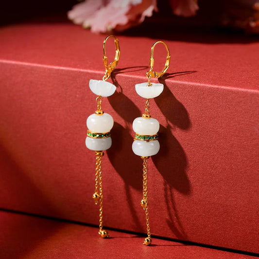 Hetian White Jade Tassel Earrings — Retro Feng Shui Elegance