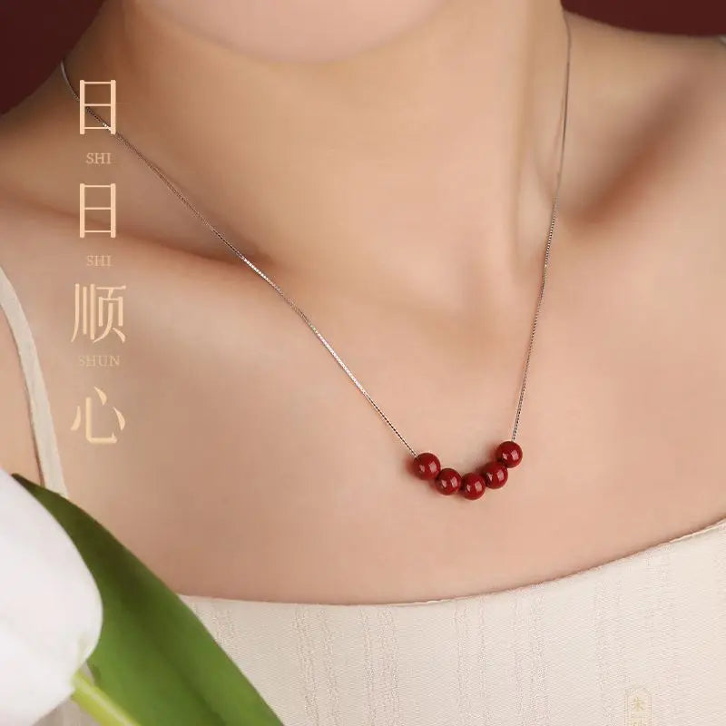 Natural Cinnabar Water-Drop Pendant Necklace｜Silver Chain Lucky Beads