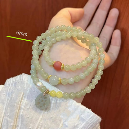 Hetian Jade Multi-Row Bracelet – Agate Lotus Pendant