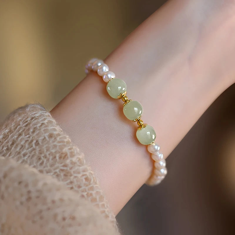 Hotan Jade & Pearl 925 Silver Stretch Bracelet - Light Luxury Gift