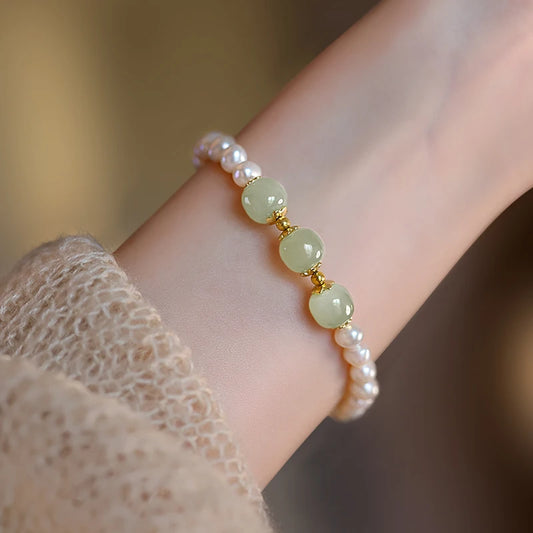 Hotan Jade & Pearl 925 Silver Stretch Bracelet - Light Luxury Gift