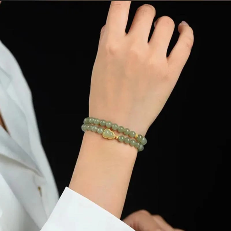 Hetian Jade Double-Loop Bracelet — 6mm Silver‑Gold Elegance
