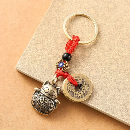复古纯手工黄铜招财猫车钥匙扣｜五帝钱开运护身