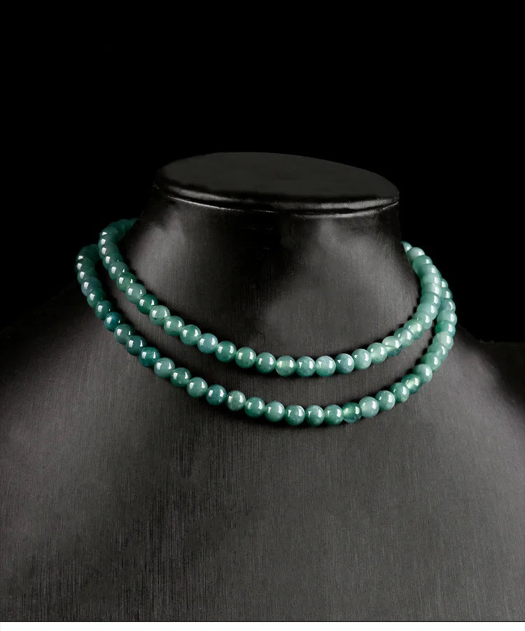 6mm Blue Jadeite Three-Loop Necklace & Bracelet — Ice Seed Water Jade