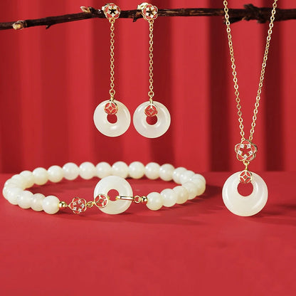 Hollowed Flower Hetian Jade Pendant Necklace – Copper Coin Charm