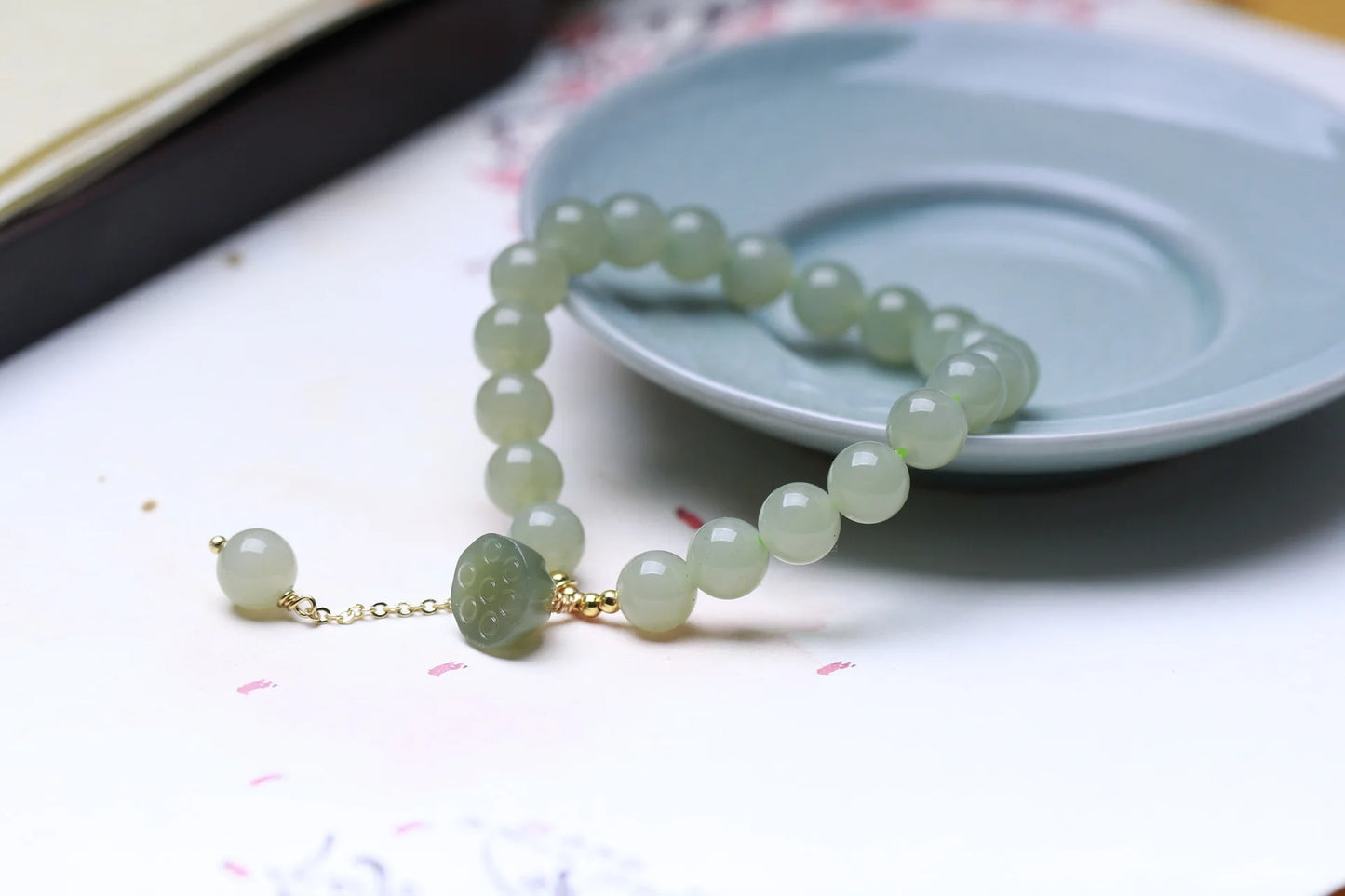 Hetian Jade Lotus Pendant 8mm Round Bead Bracelet — Elegant Charm for Women