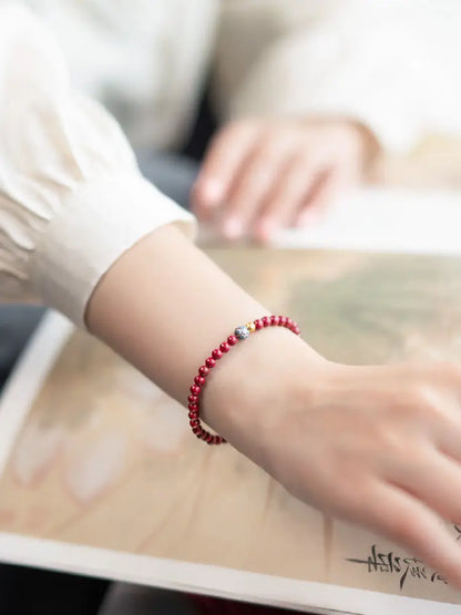 Natural Cinnabar & Blue Lotus Cloisonné Bracelet