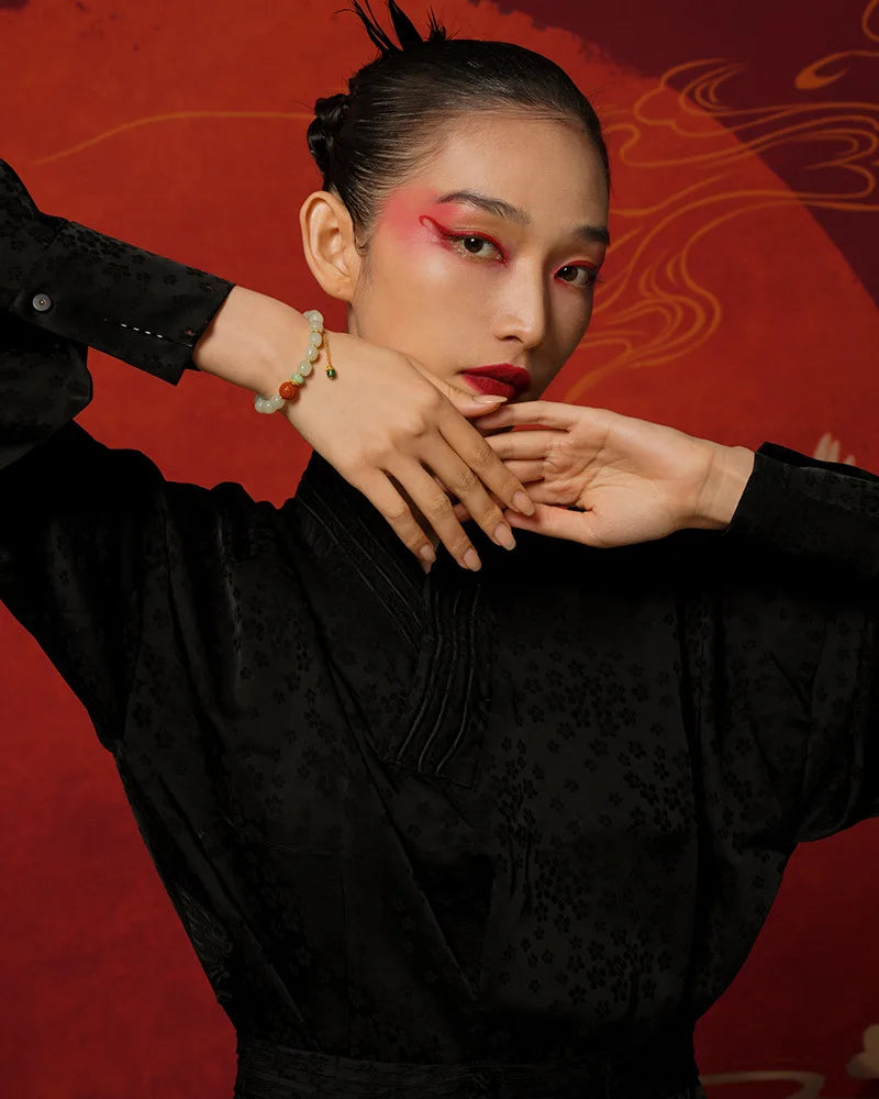 White Jade & Green Jasper Amber Beaded Bracelet - Vintage Charm