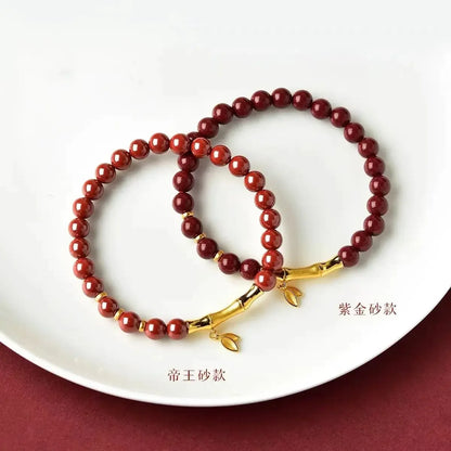 High-Content Cinnabar 6MM Bracelet with 24K Bamboo Charms